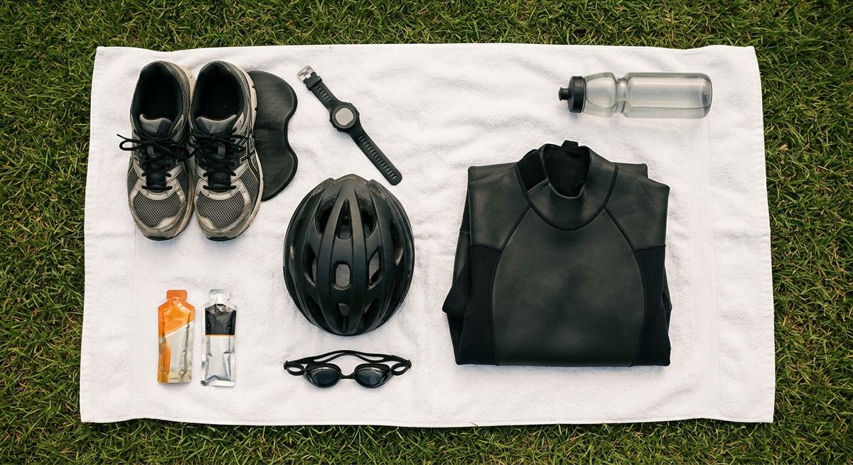 Triathlon-Ausrüstung von oben auf einem weißen Handtuch: Laufschuhe, Uhr, Helm, Neoprenanzug, Brille, Gels und Trinkflasche.