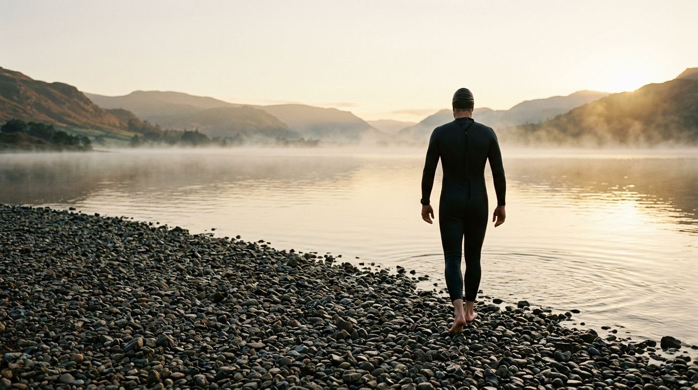Ein Triathlet im Neoprenanzug geht bei Sonnenaufgang an einem nebligen Bergsee ins Wasser.