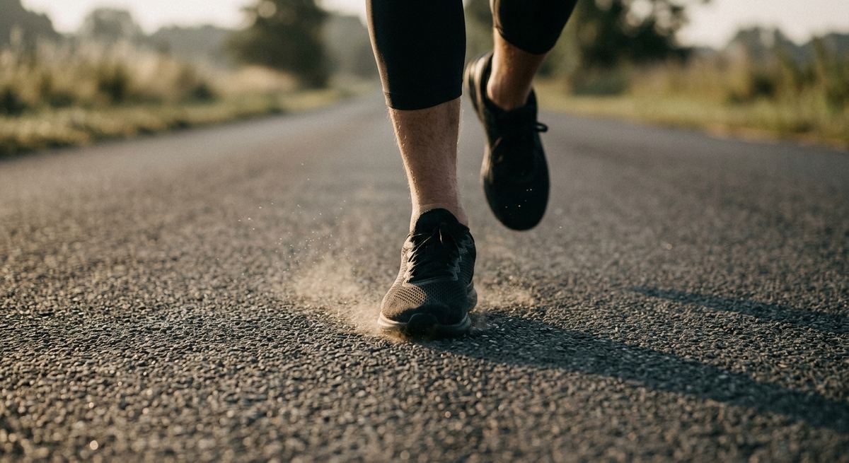 Ein Läufer in dunklen Laufschuhen setzt auf einer ruhigen Asphaltstraße auf.