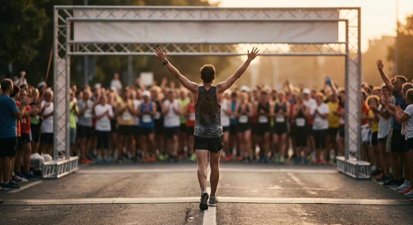 Ein Läufer hebt beim Zieleinlauf beide Arme, vor ihm jubelt eine Menschenmenge.